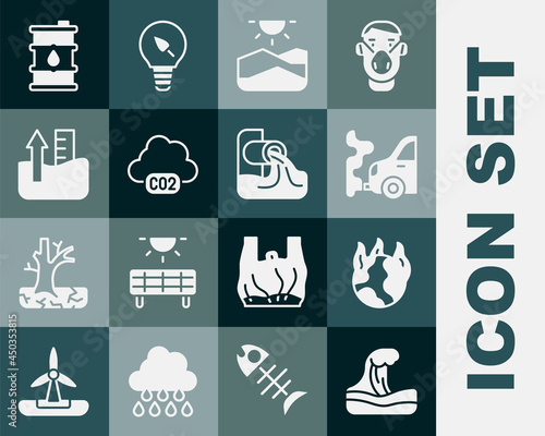 Set Tsunami, Global warming fire, Car exhaust, Drought, CO2 emissions cloud, Rise water level, Barrel oil and Wastewater icon. Vector