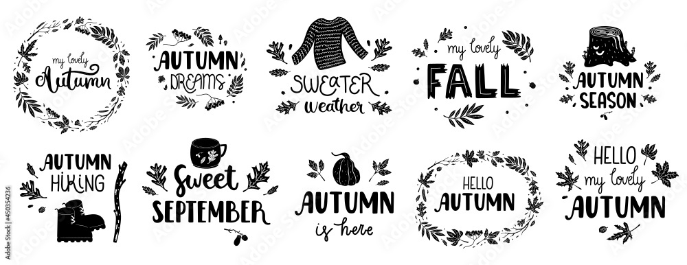 Fototapeta premium Set of black hand-drawn text and illustrations. Perfect for decorations, plotter cutting, sticker, etc.