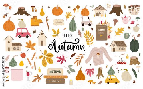 Autumn doodle illustrations - leaves, pumpkins, acorns, mushrooms, sweater, books, stumps. Fall season elements perfect for scrapbook, card, poster, invitation, sticker, etc. Vector illustration.