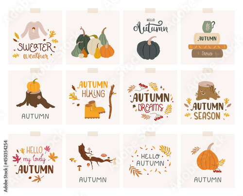 Bid set of autumn cards with pumpkins, tree stumps, lettering, books, leaves. Doodle style. Pretty, trendy and colorful decorations.