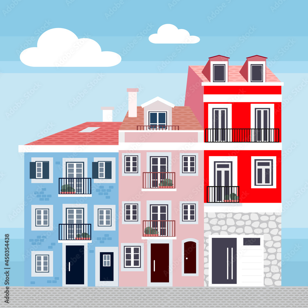 Old town houses. Street with colored apartments. Flat illustration
