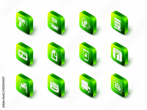 Set Electronic scales, POS terminal, Commercial refrigerator, Fire exit, QR code, Yogurt container, Delivery cargo truck and Canned fish icon. Vector