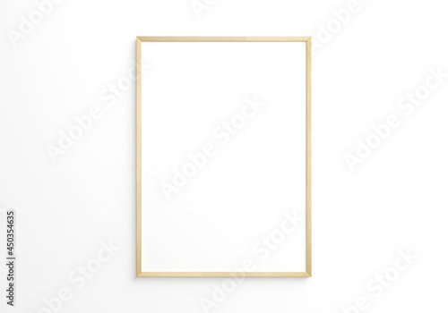 Fototapeta Naklejka Na Ścianę i Meble -  vertical thin wooden frame on white wall. 3d rendering.
