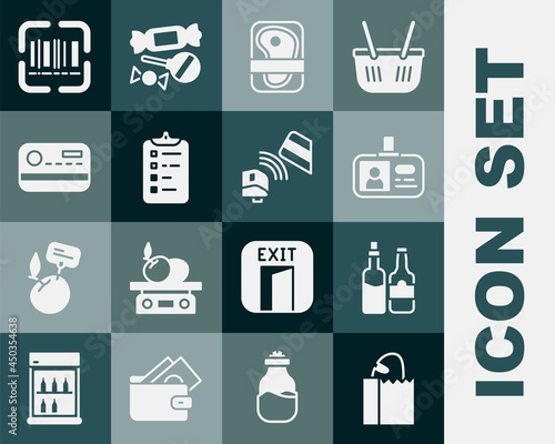 Set Paper bag with bread loaf, Whiskey bottle, Identification badge, Meat packaging steak, Shopping list, Credit card, Scanner scanning bar code and POS terminal credit icon. Vector