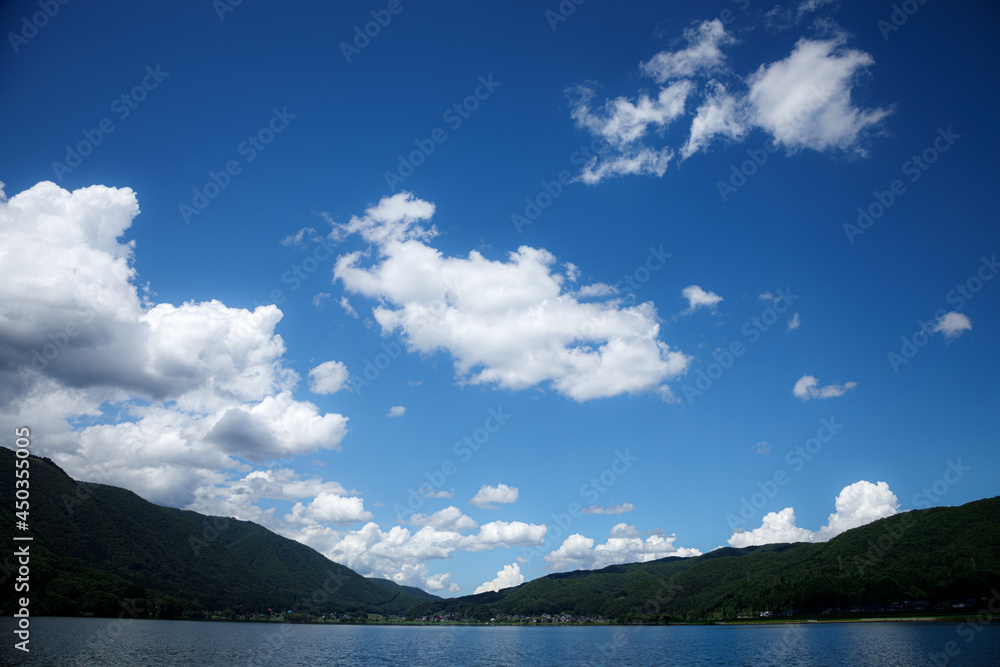 山間の湖の上空に夏の雲が広がっていく