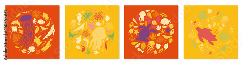 Set of posters with marine life. Abstract illustration of summer time concept. Underwater set of silhouettes. .Flat vector illustration. Card templates