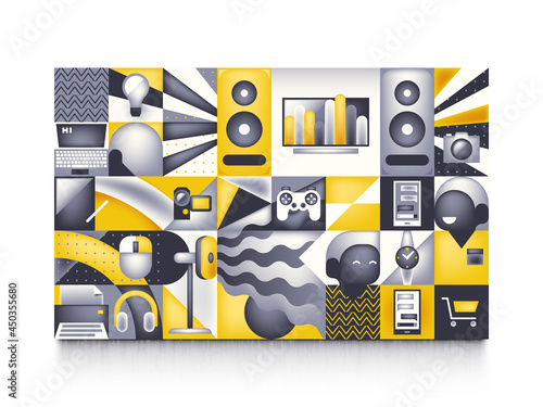 People and consumer electronics. Abstract grid with technics icons. Tech store vector concept illustration