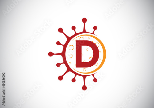 Initial D monogram alphabet with Coronavirus cells. Lab logo sign symbol design vector Illustration. Font emblem. Corona virus (Covid-19). Stop Coronavirus