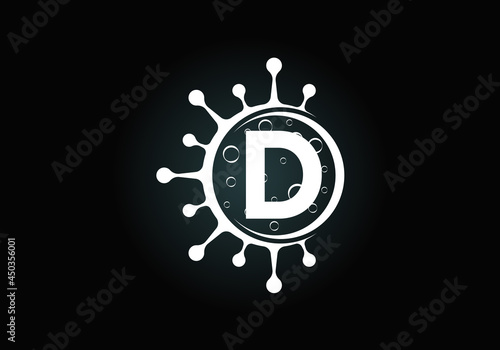 Initial D monogram alphabet with Coronavirus cells. Lab logo sign symbol design vector Illustration. Font emblem. Corona virus (Covid-19). Stop Coronavirus