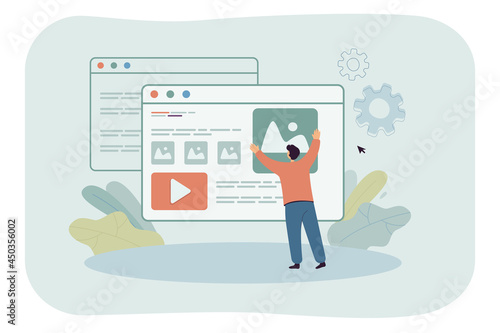 Male cartoon content creator publishing new post online. Man adding information to personal blog flat vector illustration. Digital content, social media concept website design or landing web page