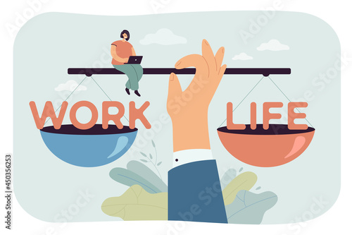 Huge hand balancing work and life on scales. Cartoon character controlling balance of career and relationships flat vector illustration. Time management concept for website design or landing web page
