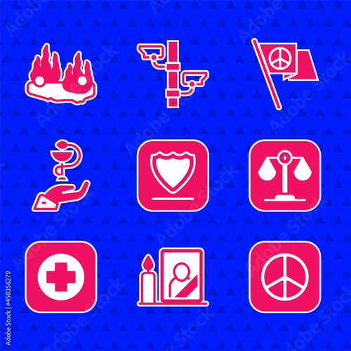 Set Shield, Mourning photo frame, Peace, Scales of justice, Hospital signboard, Caduceus snake medical, and Burning car icon. Vector