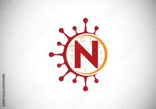 Initial N monogram alphabet with Coronavirus cells. Lab logo sign symbol design vector Illustration. Font emblem. Corona virus (Covid-19). Stop Coronavirus