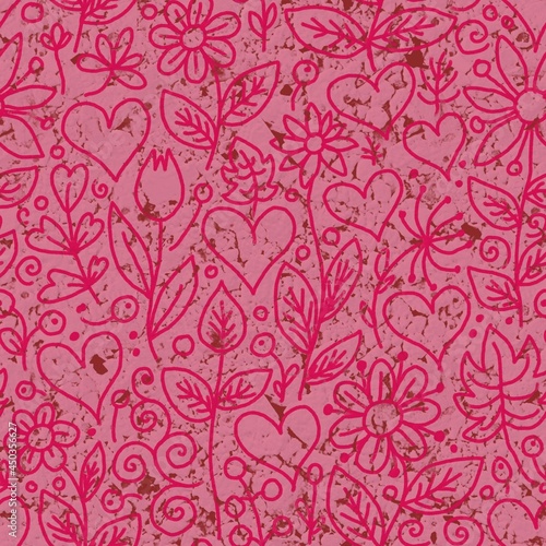 floral love hearts pink seamless pattern fabric design print wrapping paper digital illustration texture wallpaper watercolor paint