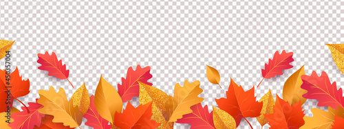 Autumn seasonal background with long horizontal border made of falling autumn golden, red and orange colored leaves isolated on background. Hello autumn vector illustration