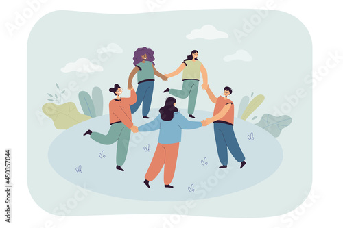 Happy cartoon people doing round dance together. Women dancing in circle while holding hands flat vector illustration. International communication, friendship concept for banner or landing web page