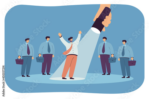 Spotlight on businessman standing out in crowd of people. Company looking for leader, candidate chosen for job, business opportunity flat vector illustration. Achievement, promotion, success concept