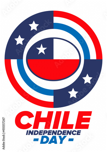 Chile Independence Day. Happy national holiday Fiestas Patrias. Freedom day. Celebrate annual in September 18. Chile flag. Patriotic chilean design. Poster, card, banner, template, background. Vector © scoutori