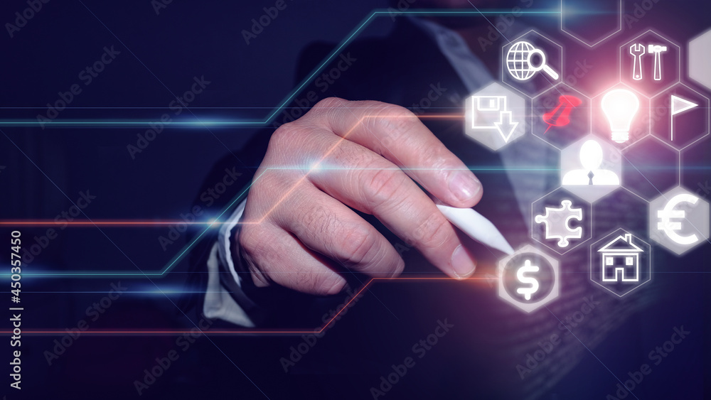 businessman with document in hand drawing something on abstract business chart panel and a hot of fire glowing upright arrow with analyzing data and economic growth graph. Strategy. Stock market. businessman with document in hand drawing something on abstract business chart panel and a hot of fire glowing upright arrow with analyzing data and economic growth graph. Strategy. Stock market.