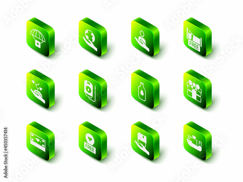 Set Hand holding Earth globe, Caring for people, Free overnight stay house, Gift box, Humanitarian ship, Bottle of water, Book donation and Location with heart icon. Vector