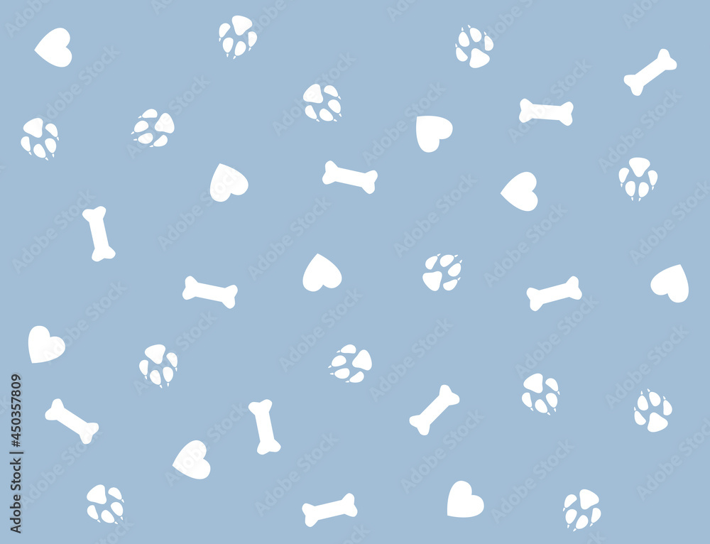 Seamless background with hearts, bone and dog paw mark. White elements on blue background vector illustration. Pattern for fabric, pajamas.
