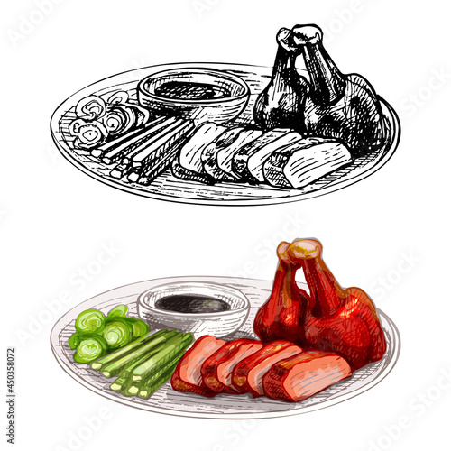 Peking duck with sauce on plate. Vintage vector hatching hand drawn illustration isolated