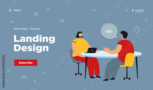 HR manager talking with candidate at job interview flat vector illustration. Cartoon employee or job seeker meeting with employer. Career and business conversation concept
