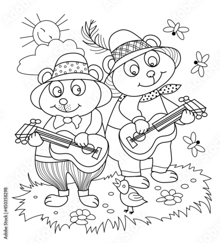 Black and white page for kids coloring book. Drawing of two cute bears playing music on guitars. Printable worksheet for children and adults. Sheet for drawing and meditation. Vector illustration.