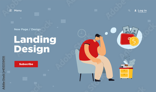 Sad unhappy person having money problem. Broke man feeling sad and depressed, staying home and thinking of unpaid loan. Vector illustration for bankrupt, financial crisis, depression concept