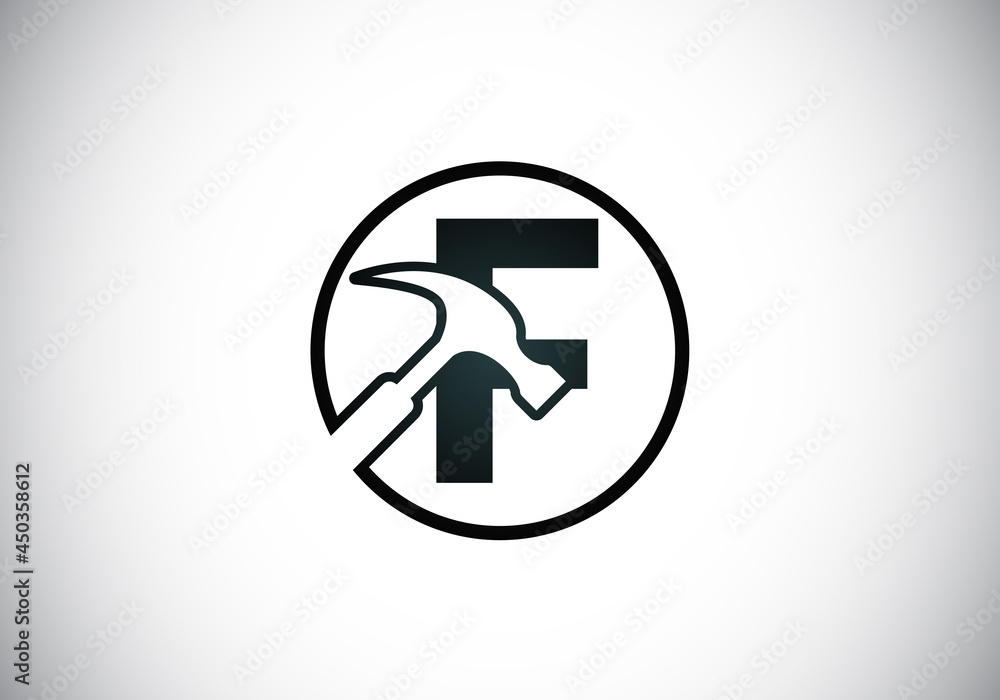 Initial F monogram letter alphabet with a Hammer. Repair, renovation, and construction logo. Modern vector logo for construction business, and company identity Initial F monogram letter alphabet with a Hammer. Repair, renovation, and construction logo. Modern vector logo for construction business, and company identity