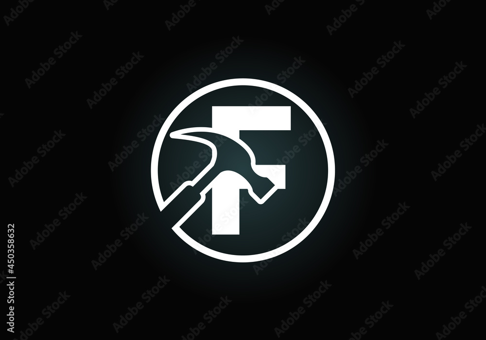 Initial F monogram letter alphabet with a Hammer. Repair, renovation, and construction logo. Modern vector logo for construction business, and company identity Initial F monogram letter alphabet with a Hammer. Repair, renovation, and construction logo. Modern vector logo for construction business, and company identity