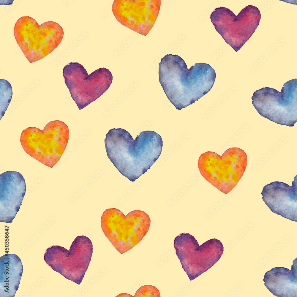 Watercolor hand drawn artistic hearts pattern, multicolor hearts pattern, decorative peach background