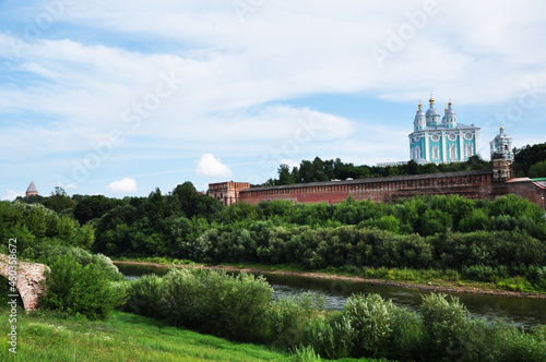 Panoramic view of the Dnieper River and the Assumption Cathedral. 01. August 2021, Smolensk, Russia.