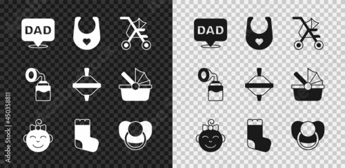 Set Speech bubble dad, Baby bib, stroller, Little girl head, socks, dummy pacifier, Breast pump and Whirligig toy icon. Vector