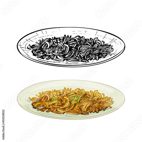 Chow mein on plate. Vintage vector hatching hand drawn illustration isolated