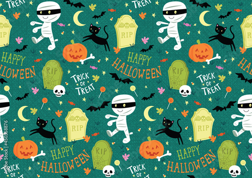 Cute Halloween Characters Seamless Vector Pattern. Cute mummy and Halloween elements in a repeating background. Repeating patterns are great for webpages, packaging, or surface designs.