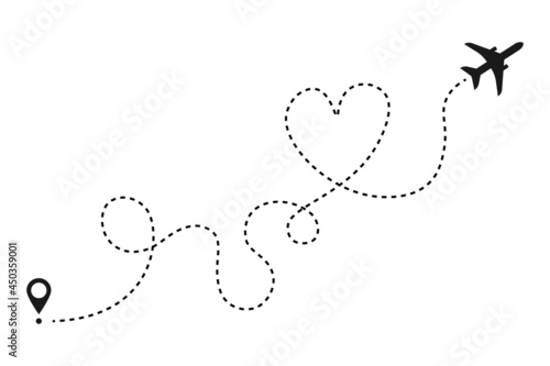 Love airplane line path route. Plane flight way start point dash line trace, travel concept. Isolated vector illustration