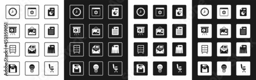 Set Document with graph chart, Picture landscape, Board, Clock, File document, Browser setting, Paper shredder and Archive papers drawer icon. Vector