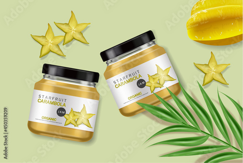 Starfruit jam vector realistic. Organic glass bottle label design. product pl...