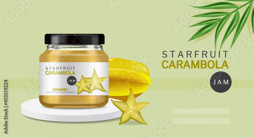 Starfruit jam vector realistic. Organic glass bottle label design. product pl...