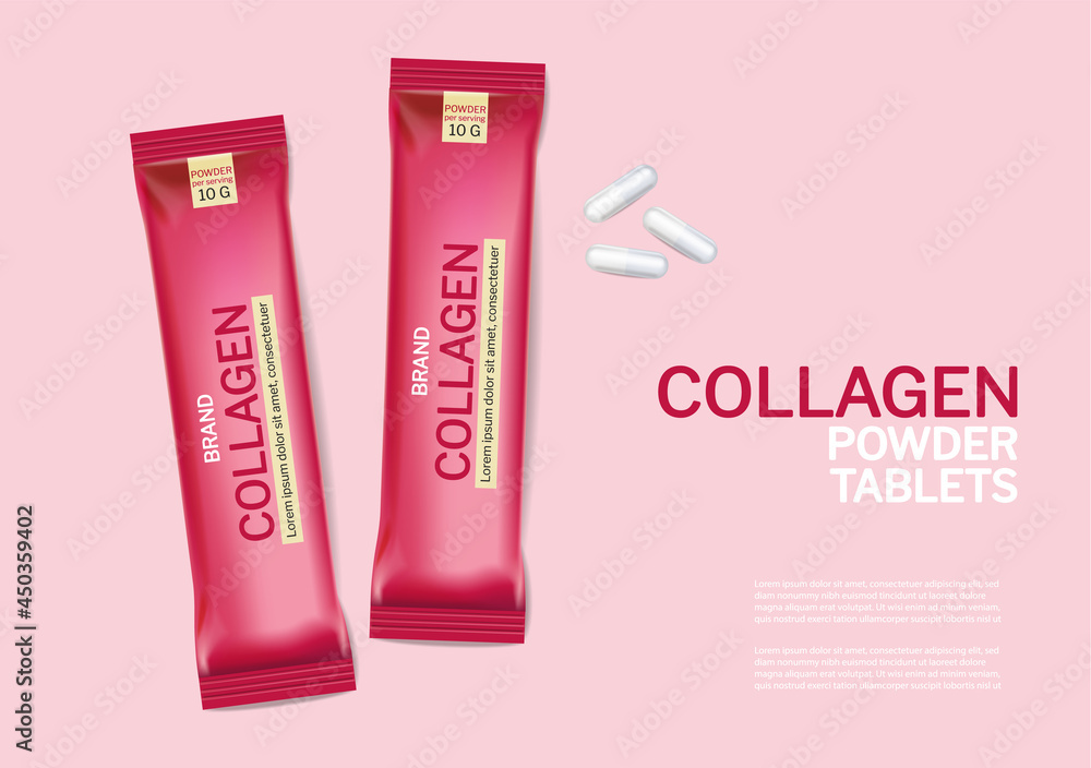 Collagen tablets Vector realistic mock up. Product packaging label designs Collagen tablets Vector realistic mock up. Product packaging label designs