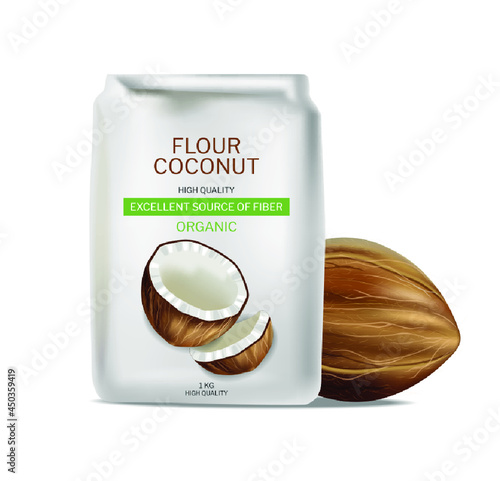 Coconut flour vector realistic package. Product placement mock up detailed la...