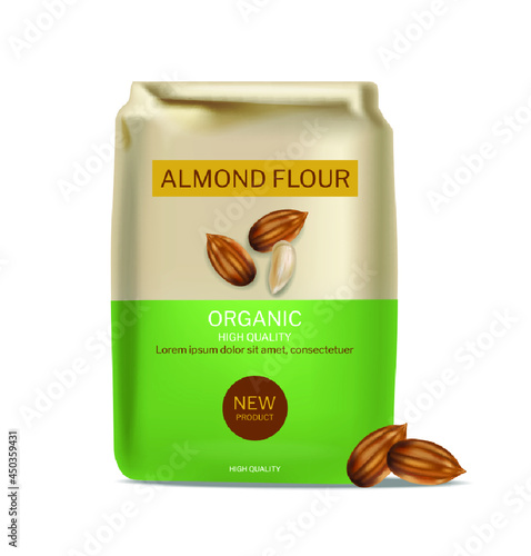 Almond flour vector realistic package. Product placement mock up detailed lab...