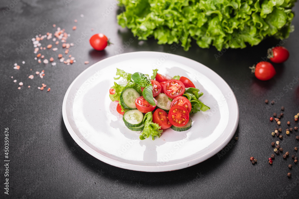 salad fresh vegetables lettuce leaves tomato, cucumber, onion, pepper outdoor meal snack on the table copy space food background rustic. top view keto or paleo diet veggie vegan or vegetarian food salad fresh vegetables lettuce leaves tomato, cucumber, onion, pepper outdoor meal snack on the table copy space food background rustic. top view keto or paleo diet veggie vegan or vegetarian food