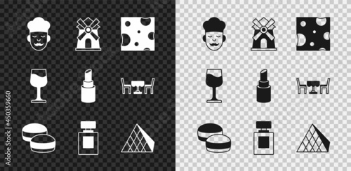 Set Cook, Windmill, Cheese, Macaron cookie, Perfume, Louvre glass pyramid, Wine and Lipstick icon. Vector