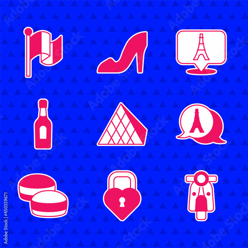Set Louvre glass pyramid, Castle in the shape of heart, Scooter, Eiffel tower, Macaron cookie, Champagne bottle, and Flag France icon. Vector