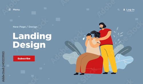 Woman comforting crying friend and touching her shoulders. Girl suffering from anxiety, loneliness, trying to cope with depression or loss. For support, empathy, compassion, stress concept