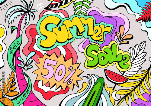 Hello Summer collection in doodle style, for banners and more.