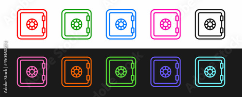 Set line Safe icon isolated on black and white background. The door safe a bank vault with a combination lock. Reliable Data Protection. Vector