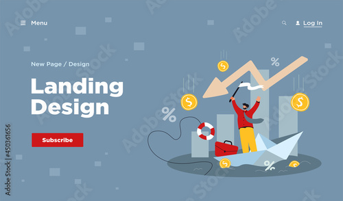 Upset tiny man asking for help because of business failure flat vector illustration. Cartoon businessman in trouble and falling financial chart. Bankruptcy and economy crisis concept